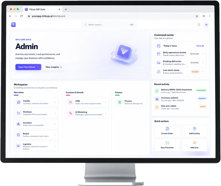 Tribuja ERP suite home dashboard